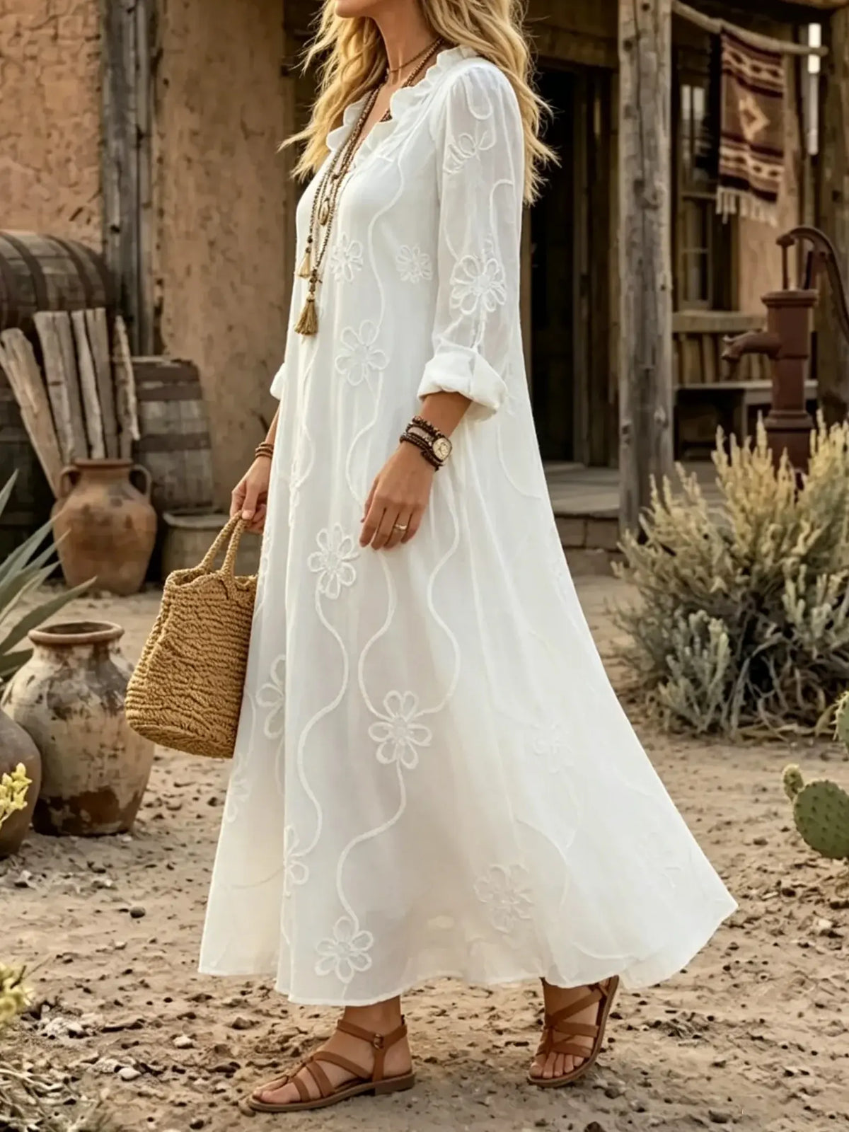 Desert Bloom Embroidered V-Neck Maxi Dress