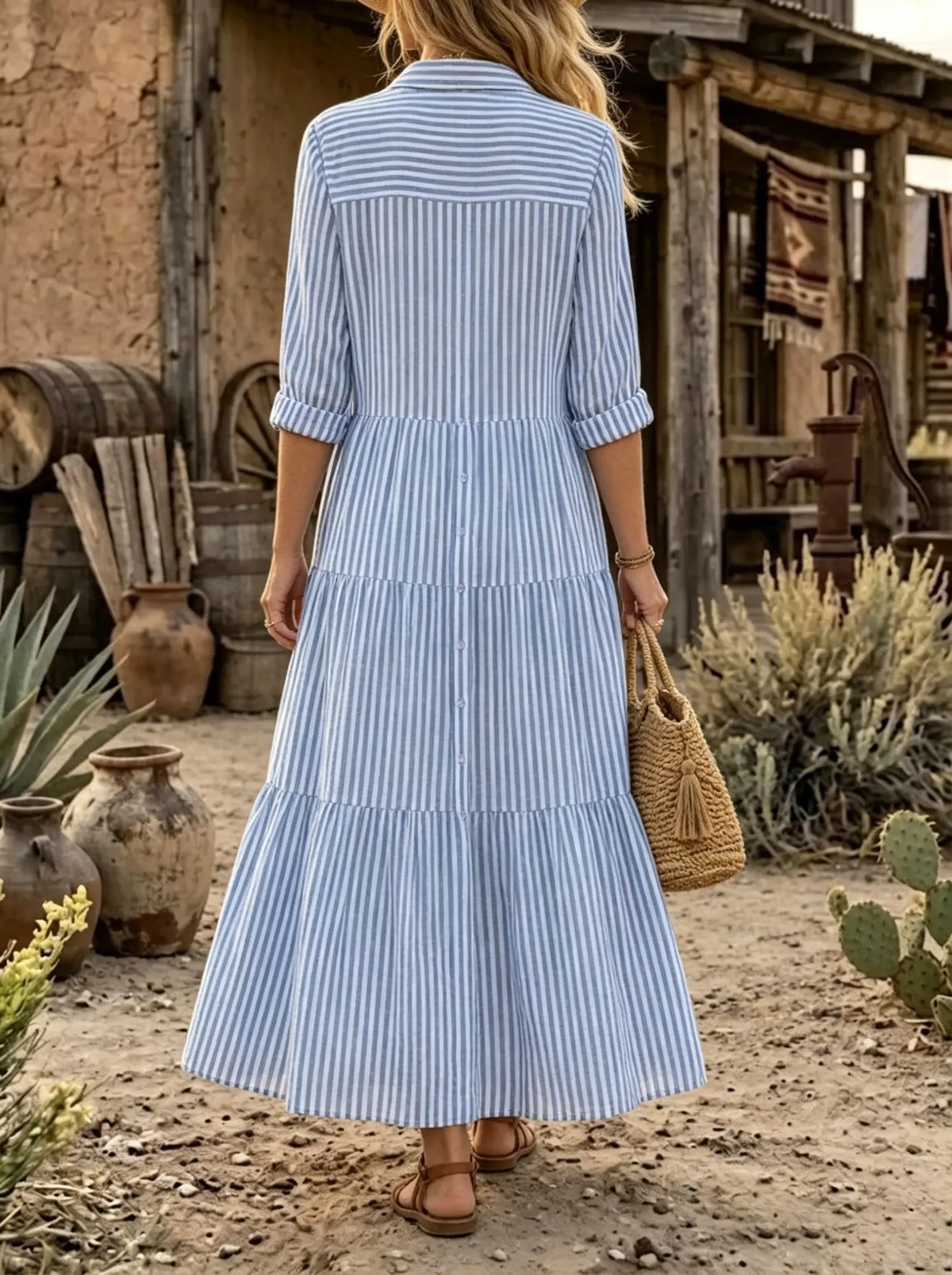 Coastal Breeze Striped Tiered Shirt Dress