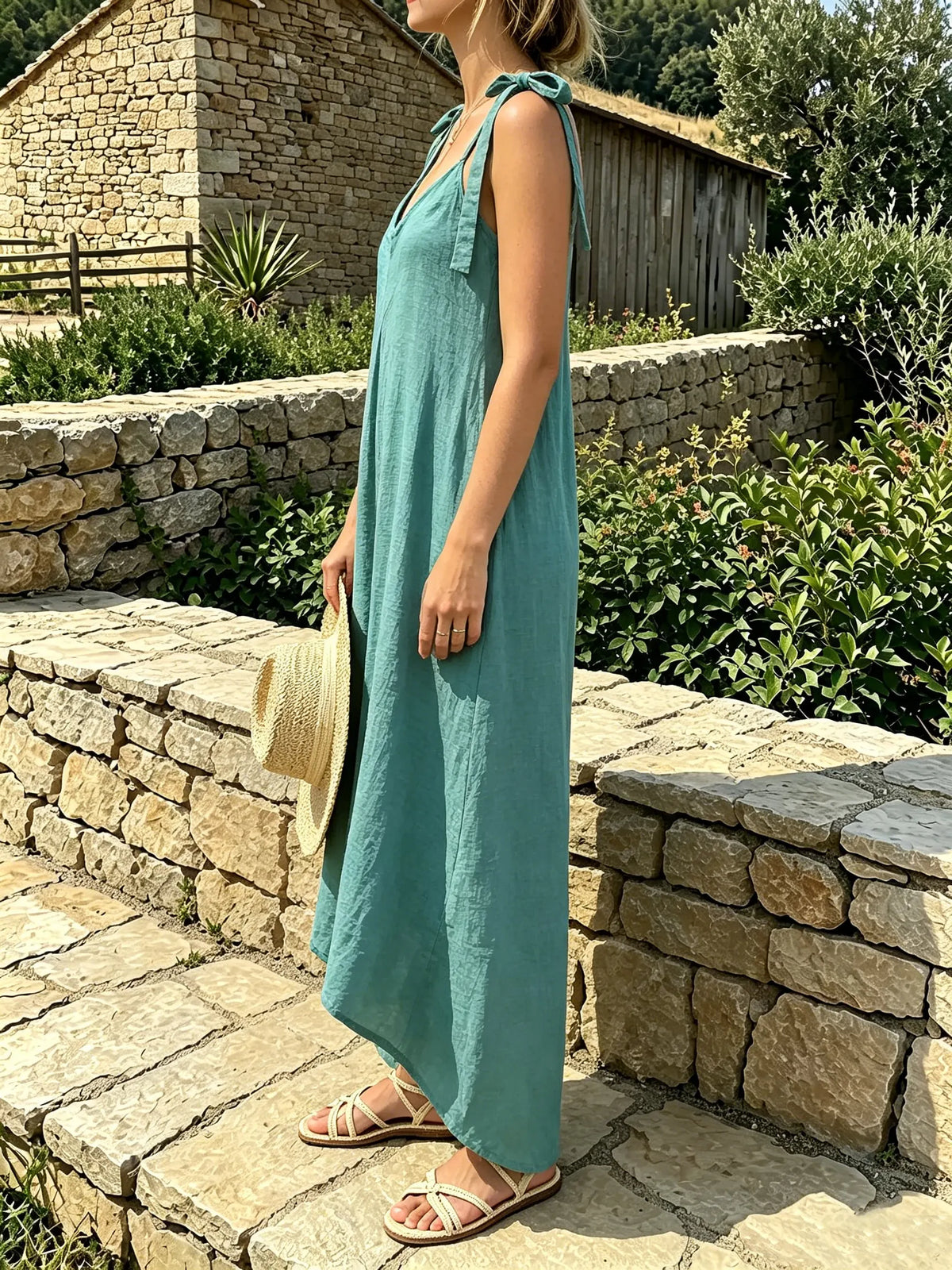Women's Solid Tie Strap V Neck Irregular Wide Leg Cami Jumpsuit