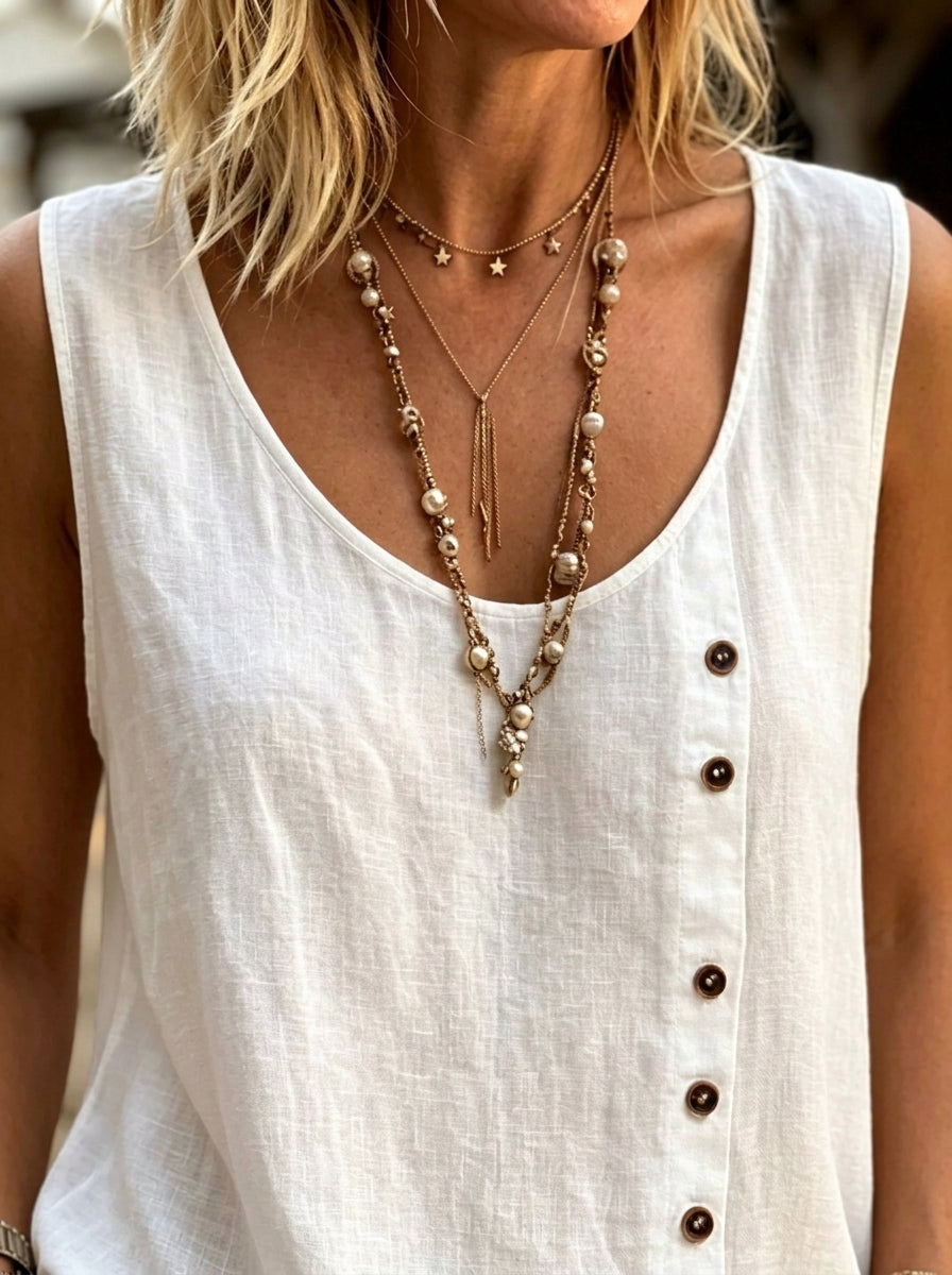 Women’s U Neck Sleeveless Button Detail Linen Tank Top