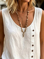 Women’s U Neck Sleeveless Button Detail Linen Tank Top