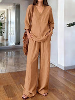 Women's Casual Long-sleeve V-neck Pullover & Pants Set – Washed Cotton (available In Multiple Colors)