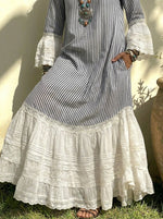 Women's Striped Lace Ruffle Hem Cotton Linen Maxi Dress
