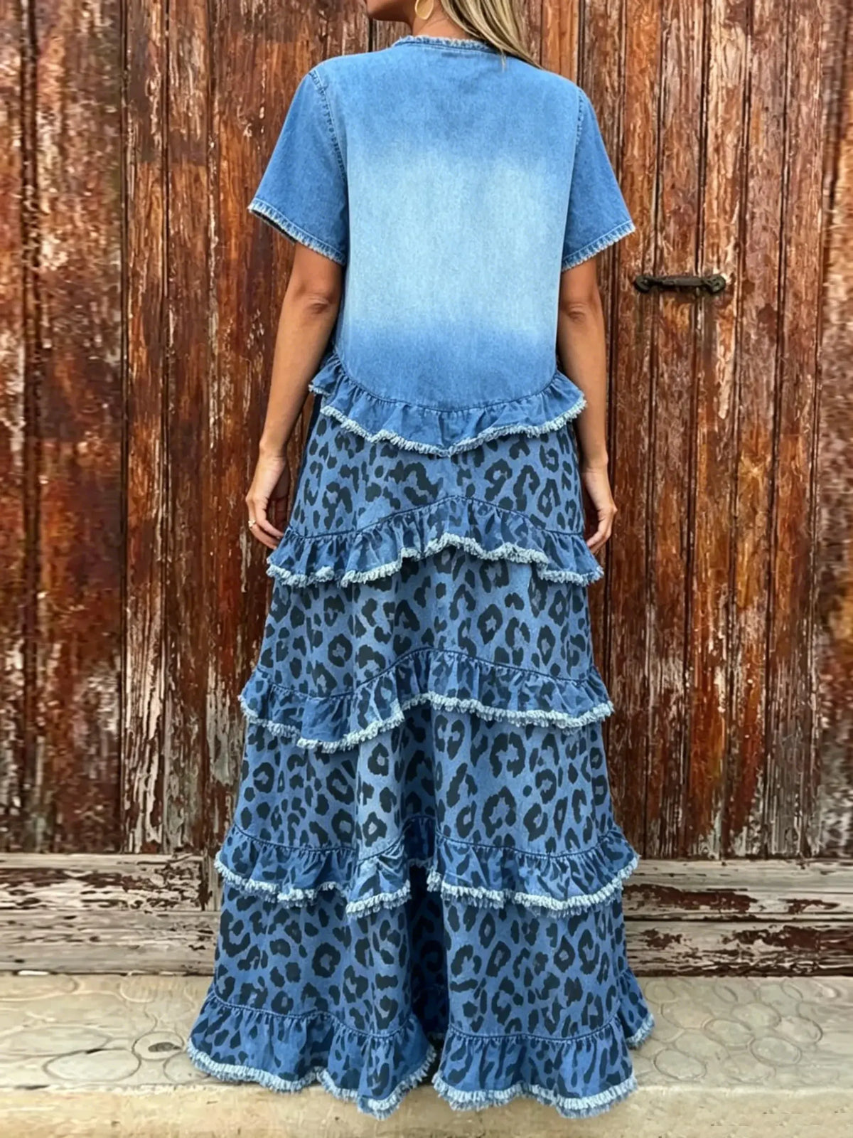 Women's Denim Patchwork Blue Leopard Multi Tier Ruffle Maxi Dress