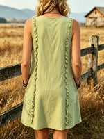 Women's Solid V-Neck Side Ruffle Pocket Sleeveless Mini Dress