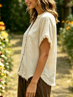 Women's Solid Textured Fringe Trim Short Sleeve V Neck Button Loose Top