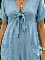 Womens Light Blue V Neck Tie Front Linen Jumpsuit, Cuffed Short Sleeve Wide Leg Overall With Pockets